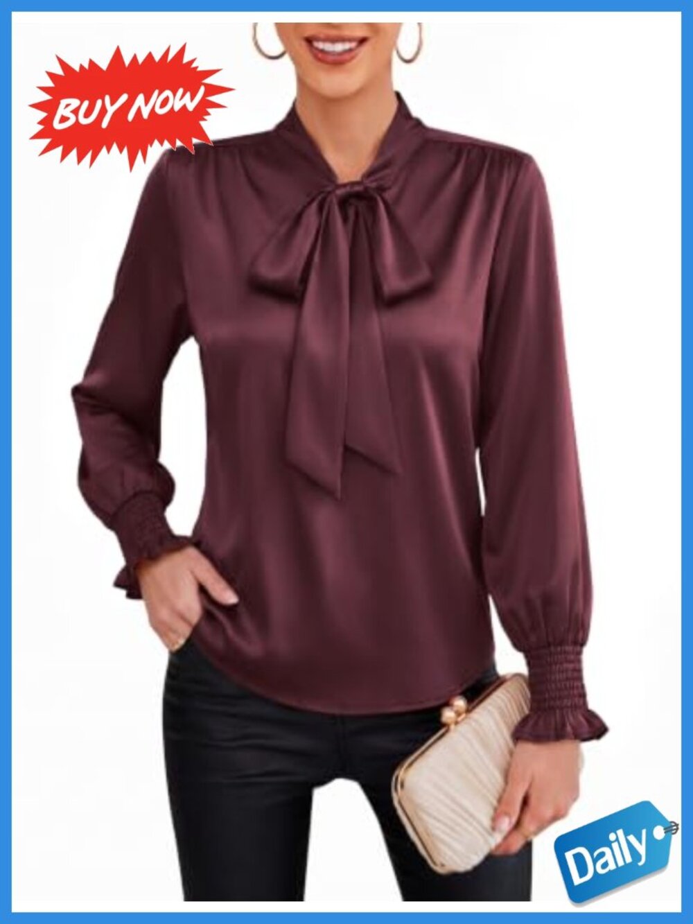Satin Bow Tie Neck Blouse Long Sleeve Smocked Cuff Dressy Top